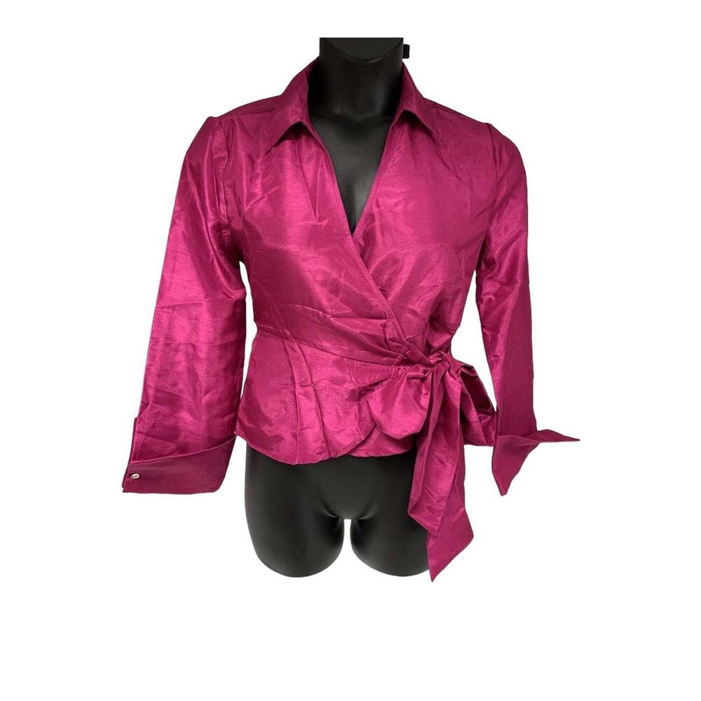 WynneCollection Tie-Waist Taffeta Evening Wrap Shirt Pink - Regular